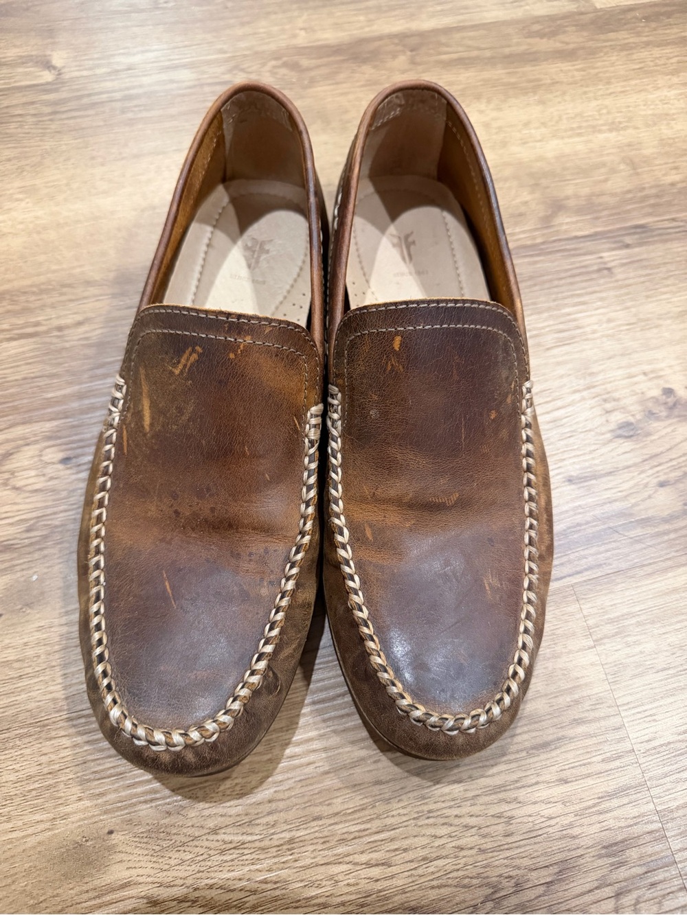 Frye Brown Leather Braided-Trim Slip-On Loafers